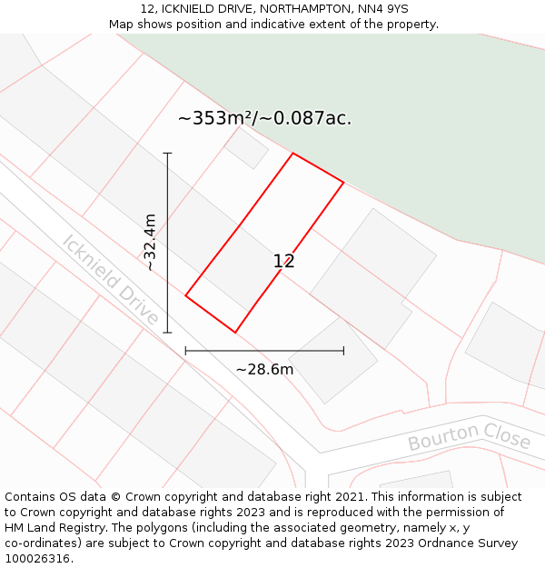 12, ICKNIELD DRIVE, NORTHAMPTON, NN4 9YS: Plot and title map