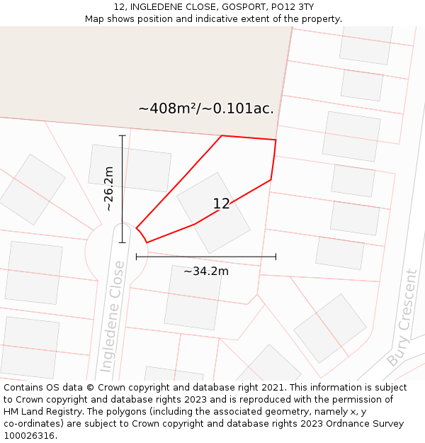 12, INGLEDENE CLOSE, GOSPORT, PO12 3TY: Plot and title map