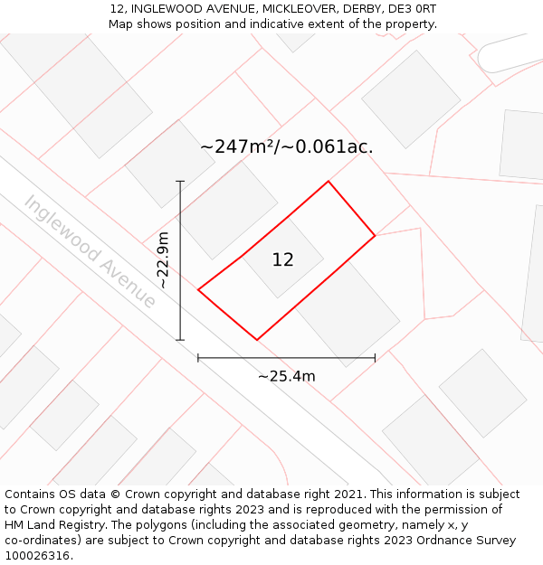 12, INGLEWOOD AVENUE, MICKLEOVER, DERBY, DE3 0RT: Plot and title map