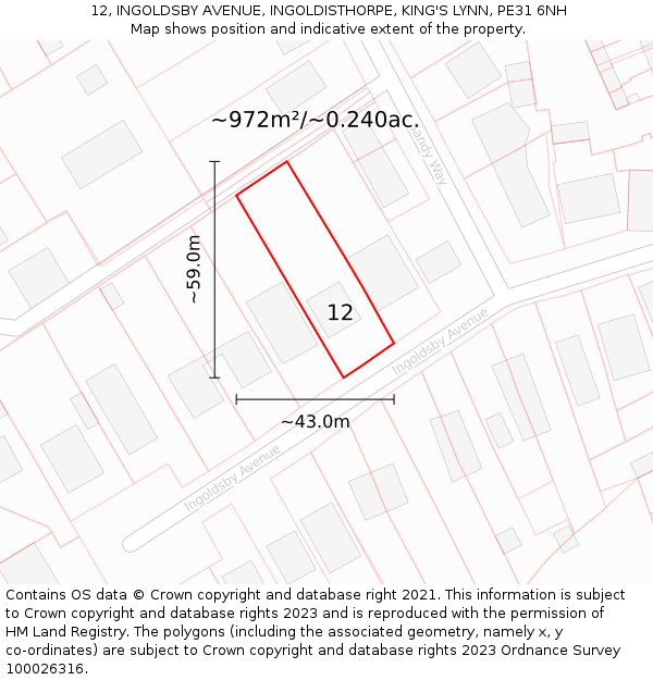12, INGOLDSBY AVENUE, INGOLDISTHORPE, KING'S LYNN, PE31 6NH: Plot and title map
