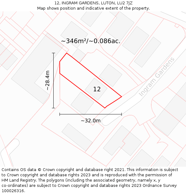 12, INGRAM GARDENS, LUTON, LU2 7JZ: Plot and title map