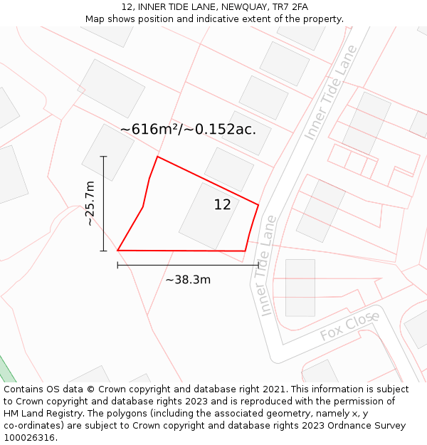 12, INNER TIDE LANE, NEWQUAY, TR7 2FA: Plot and title map