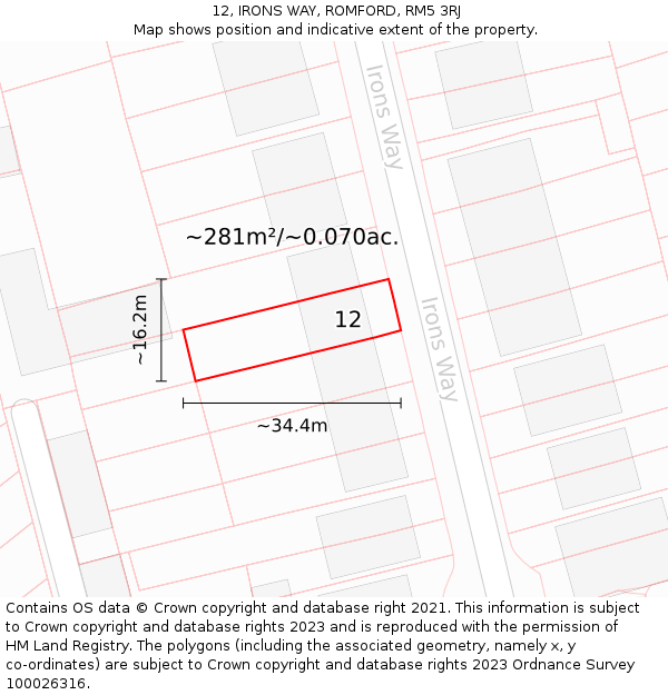 12, IRONS WAY, ROMFORD, RM5 3RJ: Plot and title map