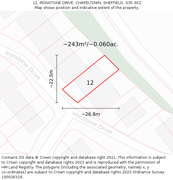 12, IRONSTONE DRIVE, CHAPELTOWN, SHEFFIELD, S35 3XZ: Plot and title map