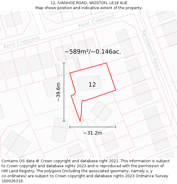 12, IVANHOE ROAD, WIGSTON, LE18 4UE: Plot and title map