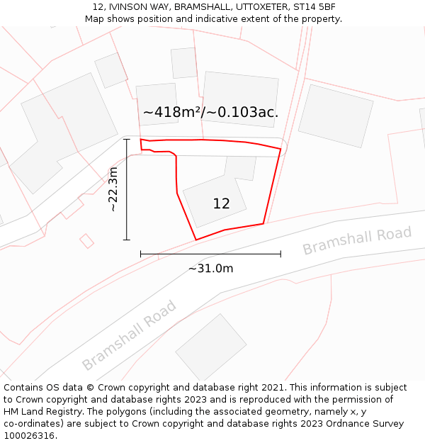 12, IVINSON WAY, BRAMSHALL, UTTOXETER, ST14 5BF: Plot and title map