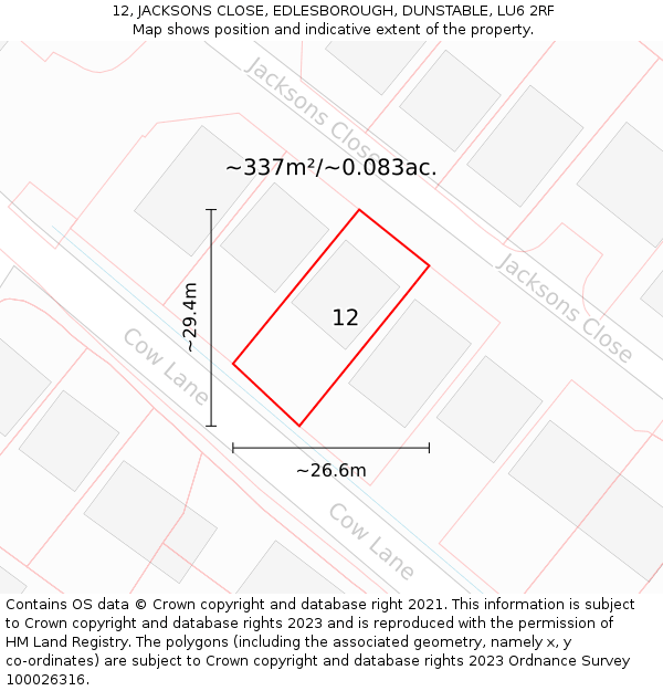 12, JACKSONS CLOSE, EDLESBOROUGH, DUNSTABLE, LU6 2RF: Plot and title map