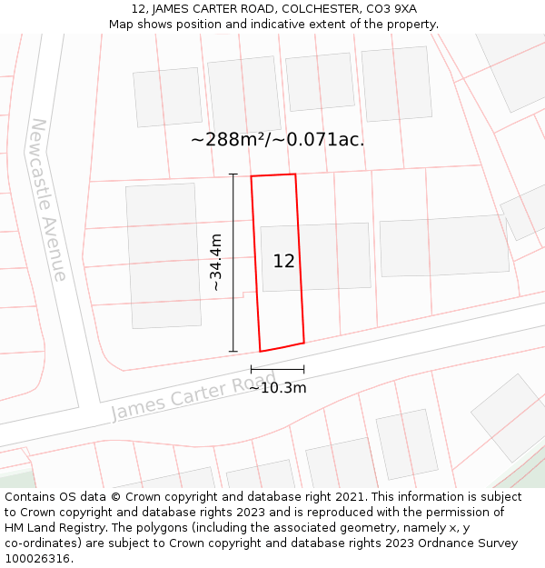 12, JAMES CARTER ROAD, COLCHESTER, CO3 9XA: Plot and title map