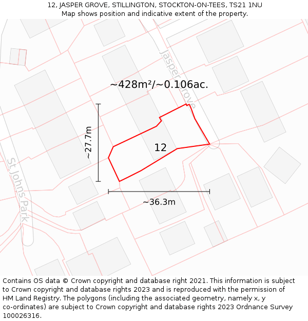 12, JASPER GROVE, STILLINGTON, STOCKTON-ON-TEES, TS21 1NU: Plot and title map