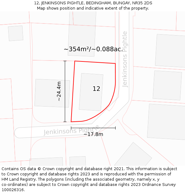 12, JENKINSONS PIGHTLE, BEDINGHAM, BUNGAY, NR35 2DS: Plot and title map