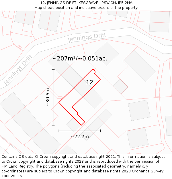 12, JENNINGS DRIFT, KESGRAVE, IPSWICH, IP5 2HA: Plot and title map