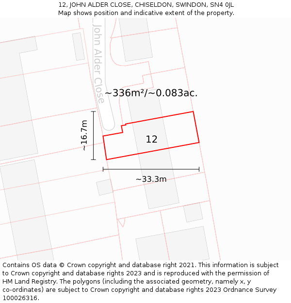 12, JOHN ALDER CLOSE, CHISELDON, SWINDON, SN4 0JL: Plot and title map