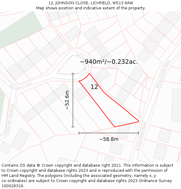 12, JOHNSON CLOSE, LICHFIELD, WS13 6AW: Plot and title map