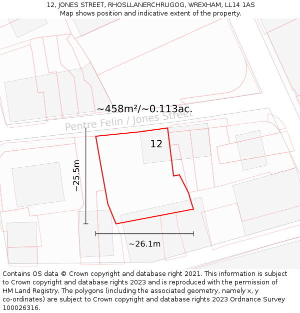 12, JONES STREET, RHOSLLANERCHRUGOG, WREXHAM, LL14 1AS: Plot and title map