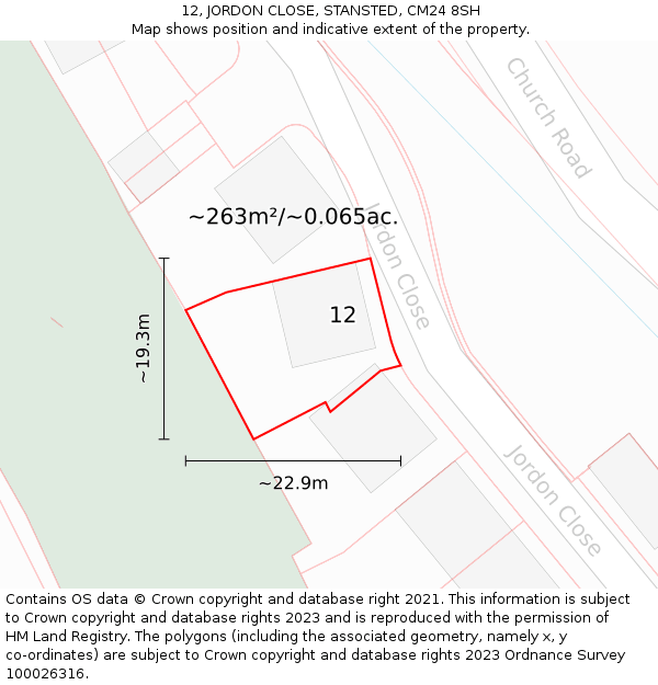 12, JORDON CLOSE, STANSTED, CM24 8SH: Plot and title map