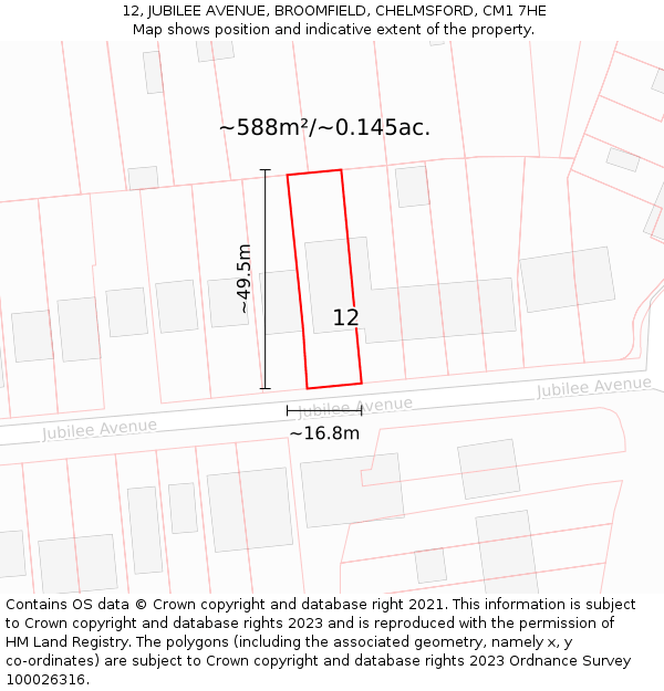 12, JUBILEE AVENUE, BROOMFIELD, CHELMSFORD, CM1 7HE: Plot and title map