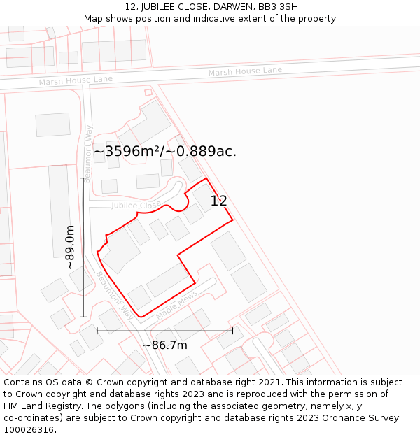 12, JUBILEE CLOSE, DARWEN, BB3 3SH: Plot and title map