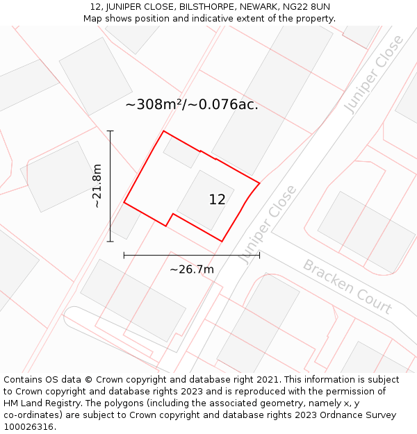 12, JUNIPER CLOSE, BILSTHORPE, NEWARK, NG22 8UN: Plot and title map