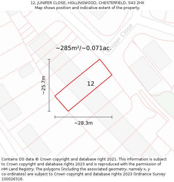 12, JUNIPER CLOSE, HOLLINGWOOD, CHESTERFIELD, S43 2HX: Plot and title map