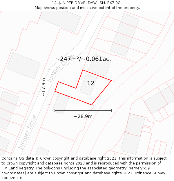 12, JUNIPER DRIVE, DAWLISH, EX7 0GL: Plot and title map