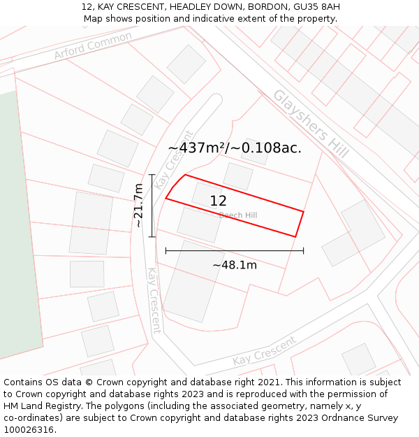12, KAY CRESCENT, HEADLEY DOWN, BORDON, GU35 8AH: Plot and title map