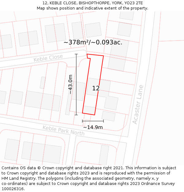 12, KEBLE CLOSE, BISHOPTHORPE, YORK, YO23 2TE: Plot and title map