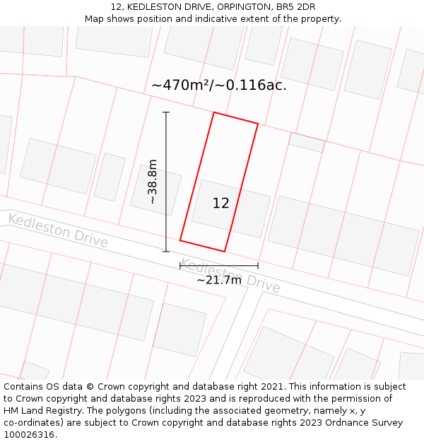 12, KEDLESTON DRIVE, ORPINGTON, BR5 2DR: Plot and title map