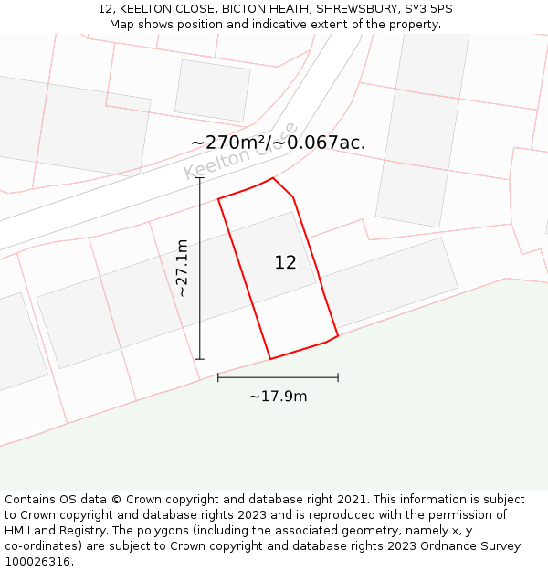 12, KEELTON CLOSE, BICTON HEATH, SHREWSBURY, SY3 5PS: Plot and title map