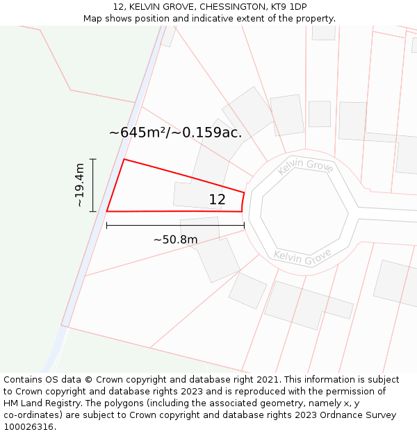12, KELVIN GROVE, CHESSINGTON, KT9 1DP: Plot and title map