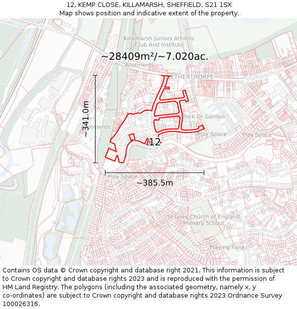 12, KEMP CLOSE, KILLAMARSH, SHEFFIELD, S21 1SX: Plot and title map