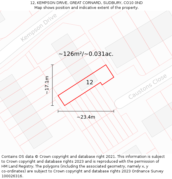 12, KEMPSON DRIVE, GREAT CORNARD, SUDBURY, CO10 0ND: Plot and title map