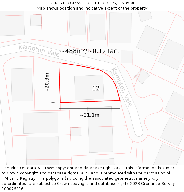 12, KEMPTON VALE, CLEETHORPES, DN35 0FE: Plot and title map