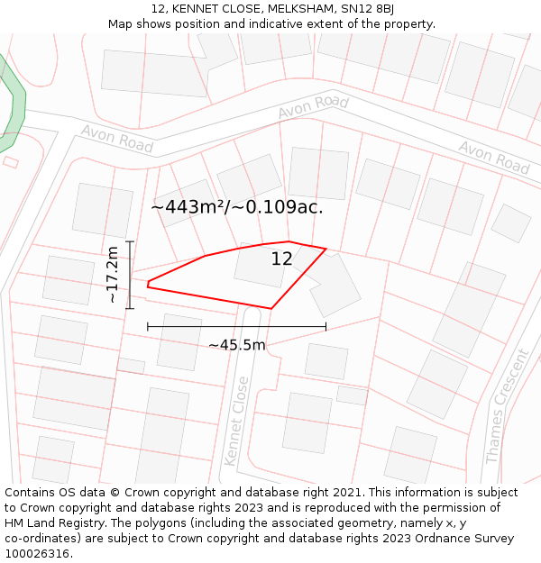 12, KENNET CLOSE, MELKSHAM, SN12 8BJ: Plot and title map