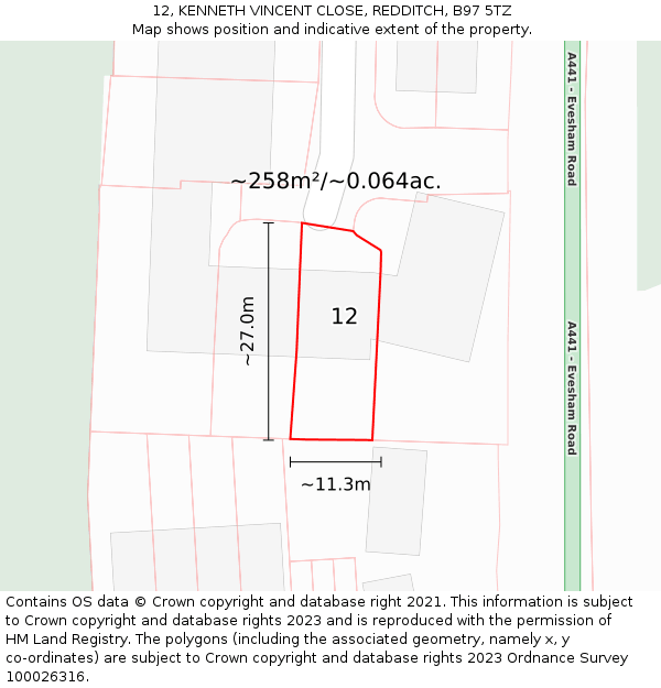 12, KENNETH VINCENT CLOSE, REDDITCH, B97 5TZ: Plot and title map