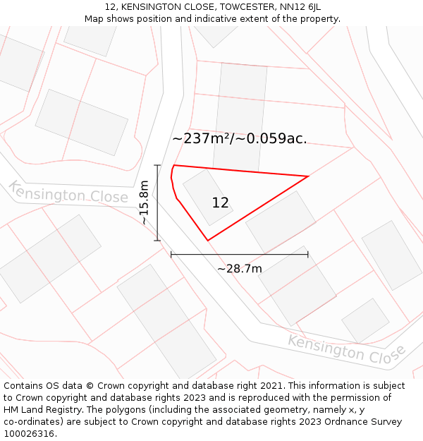 12, KENSINGTON CLOSE, TOWCESTER, NN12 6JL: Plot and title map