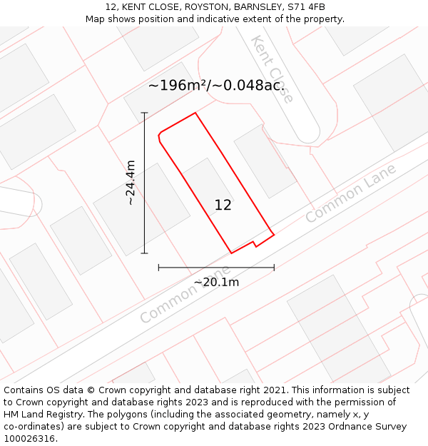 12, KENT CLOSE, ROYSTON, BARNSLEY, S71 4FB: Plot and title map