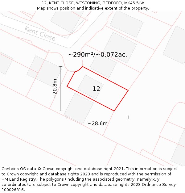 12, KENT CLOSE, WESTONING, BEDFORD, MK45 5LW: Plot and title map