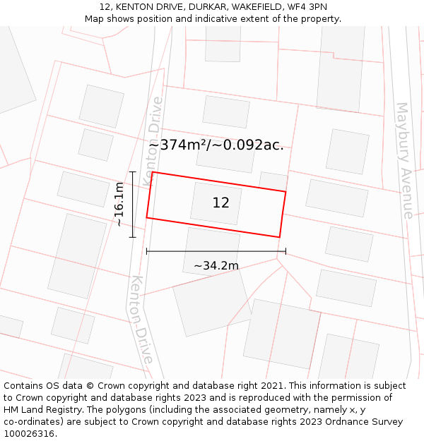 12, KENTON DRIVE, DURKAR, WAKEFIELD, WF4 3PN: Plot and title map