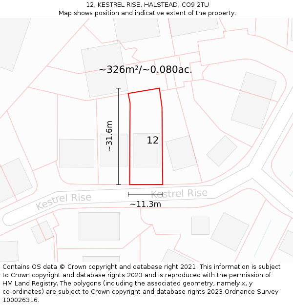 12, KESTREL RISE, HALSTEAD, CO9 2TU: Plot and title map