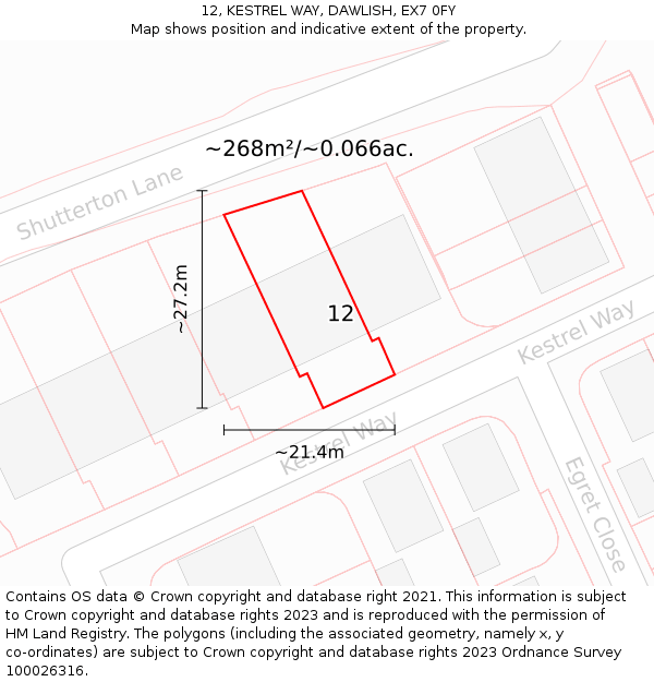 12, KESTREL WAY, DAWLISH, EX7 0FY: Plot and title map