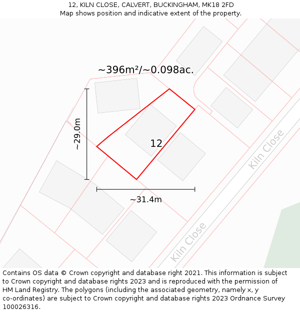12, KILN CLOSE, CALVERT, BUCKINGHAM, MK18 2FD: Plot and title map