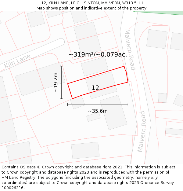 12, KILN LANE, LEIGH SINTON, MALVERN, WR13 5HH: Plot and title map