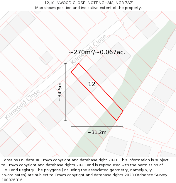 12, KILNWOOD CLOSE, NOTTINGHAM, NG3 7AZ: Plot and title map