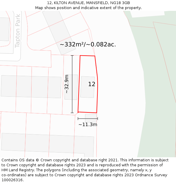12, KILTON AVENUE, MANSFIELD, NG18 3GB: Plot and title map
