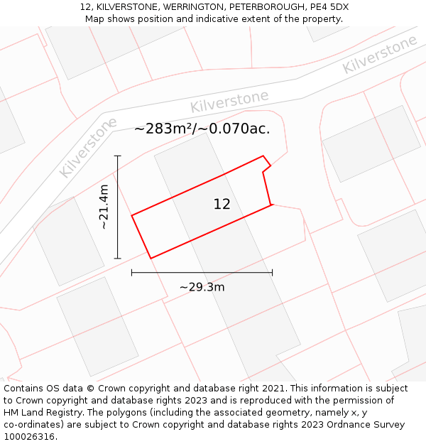12, KILVERSTONE, WERRINGTON, PETERBOROUGH, PE4 5DX: Plot and title map
