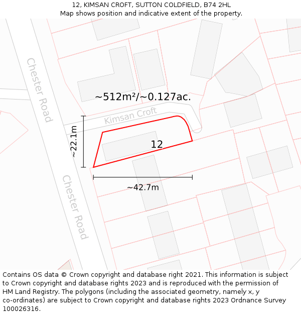 12, KIMSAN CROFT, SUTTON COLDFIELD, B74 2HL: Plot and title map