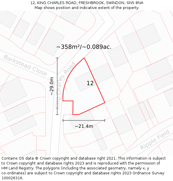 12, KING CHARLES ROAD, FRESHBROOK, SWINDON, SN5 8NA: Plot and title map