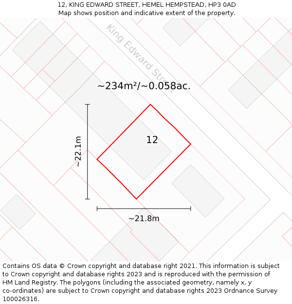 12, KING EDWARD STREET, HEMEL HEMPSTEAD, HP3 0AD: Plot and title map