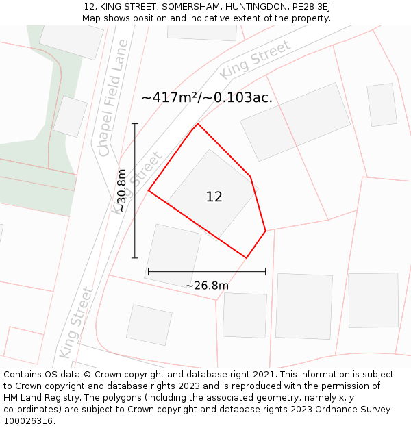 12, KING STREET, SOMERSHAM, HUNTINGDON, PE28 3EJ: Plot and title map