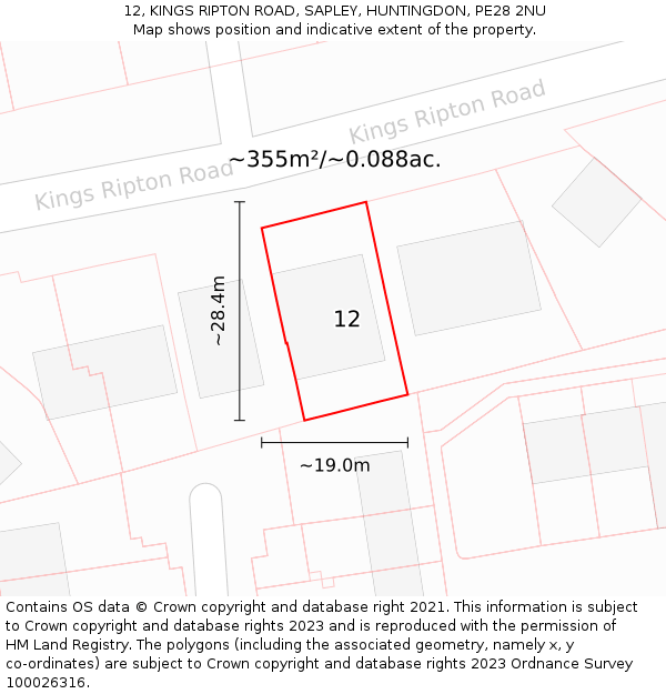 12, KINGS RIPTON ROAD, SAPLEY, HUNTINGDON, PE28 2NU: Plot and title map